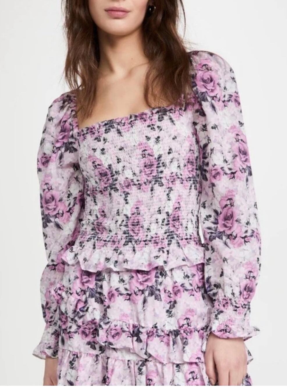 LoveShackFancy Russell Sandy Pink Shores Floral Print Smocked Long Sleeve Blouse
